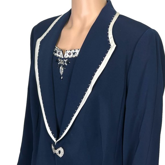 Beu Marc Womens 22 Navy Blue 2 Piece Skirt Suit Rhinestone Beaded Blazer Jacket‎ - Picture 10 of 15